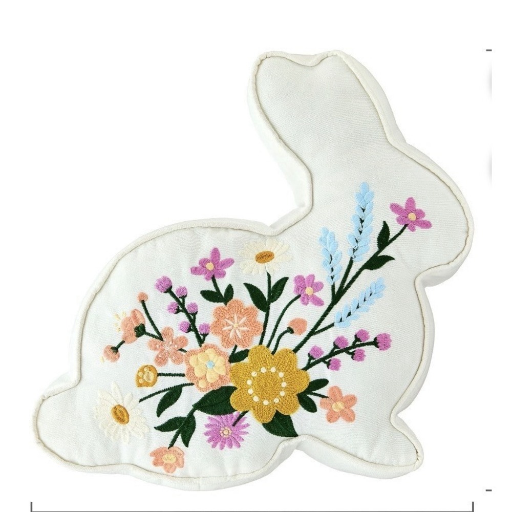 NWT Pastel Floral Embroidery‎ Pillow Bunny Shape, Garden Easter Decor